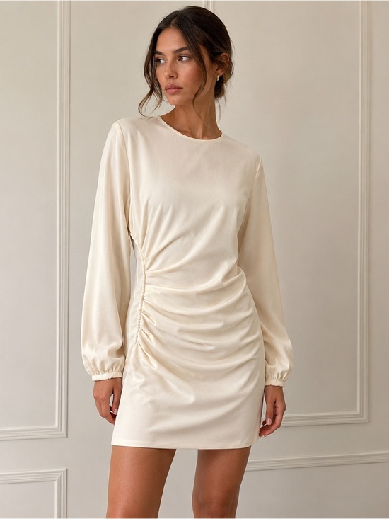 Zara Dresses & Skirts - ZARA‎ ZW Collection Ruched Mini Dress Beige Long Sleeve NWT Large